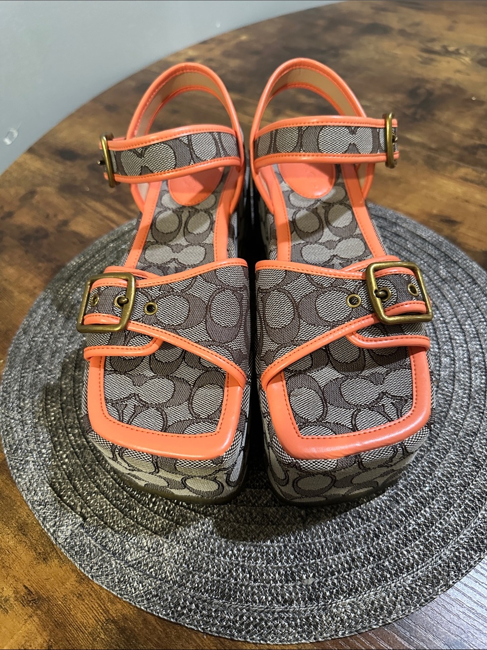Coach Coral-Trim Signature Canvas Platform Sandals